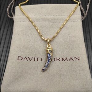 David Yurman Gold Horn Necklace with Blue Pavé Stones